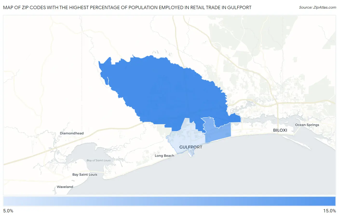 Zip Codes with the Highest Percentage of Population Employed in Retail Trade in Gulfport Map