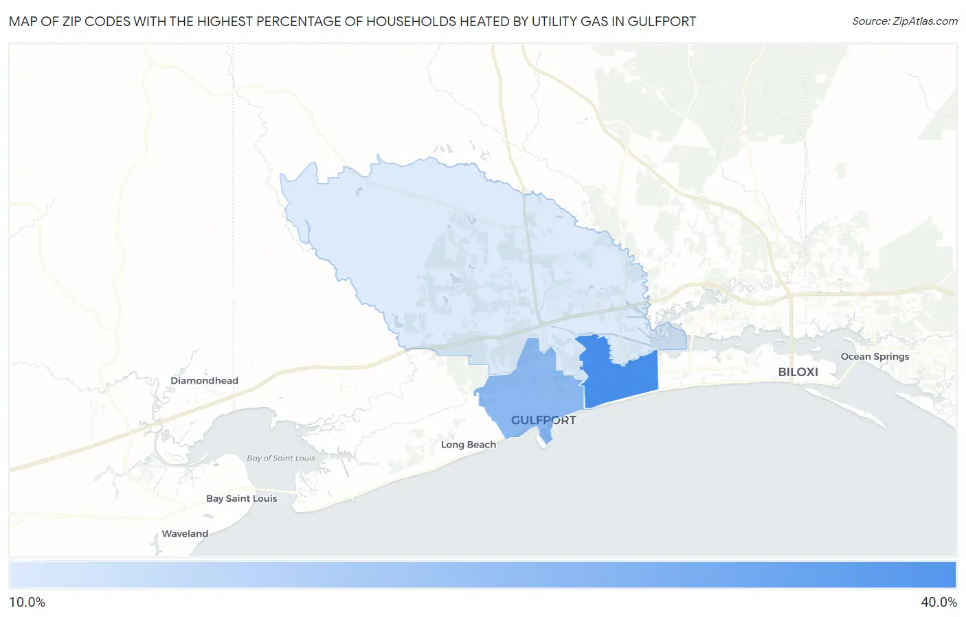 Zip Codes with the Highest Percentage of Households Heated by Utility Gas in Gulfport Map