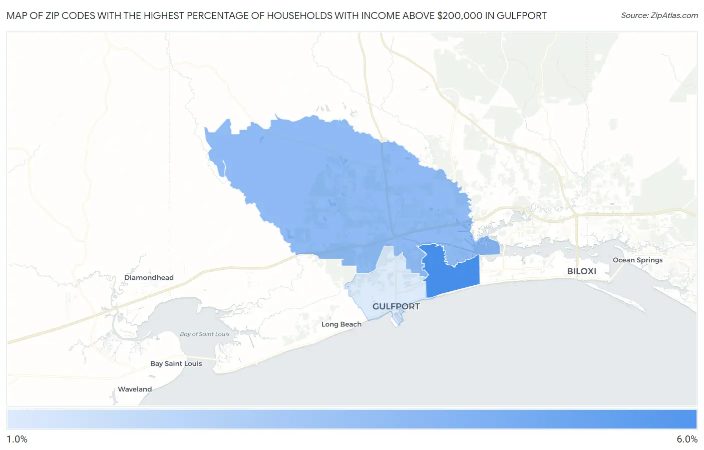 Zip Codes with the Highest Percentage of Households with Income Above $200,000 in Gulfport Map
