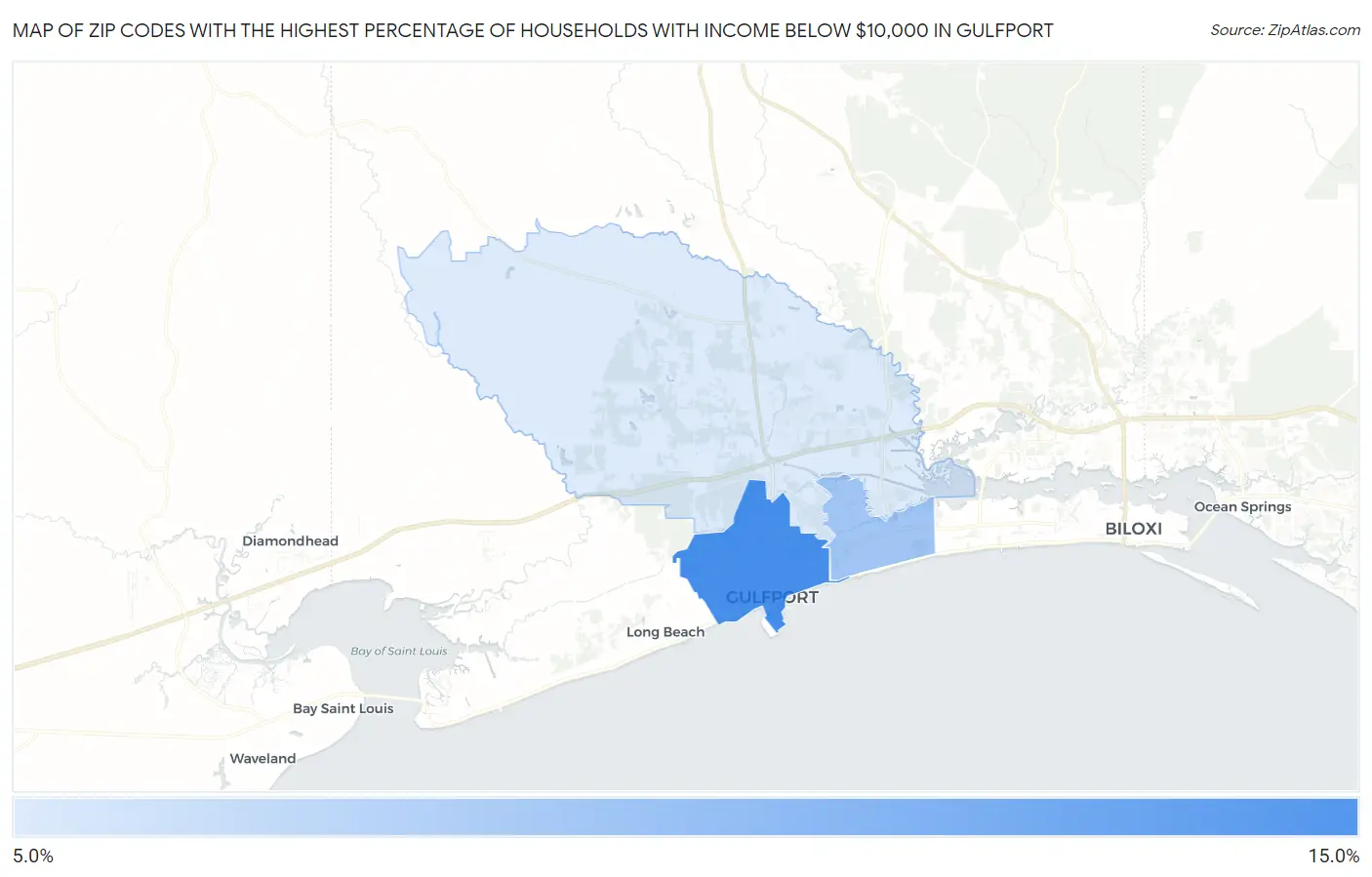 Zip Codes with the Highest Percentage of Households with Income Below $10,000 in Gulfport Map