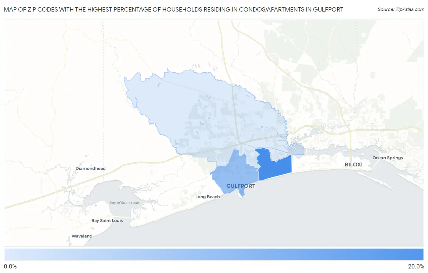 Zip Codes with the Highest Percentage of Households Residing in Condos/Apartments in Gulfport Map
