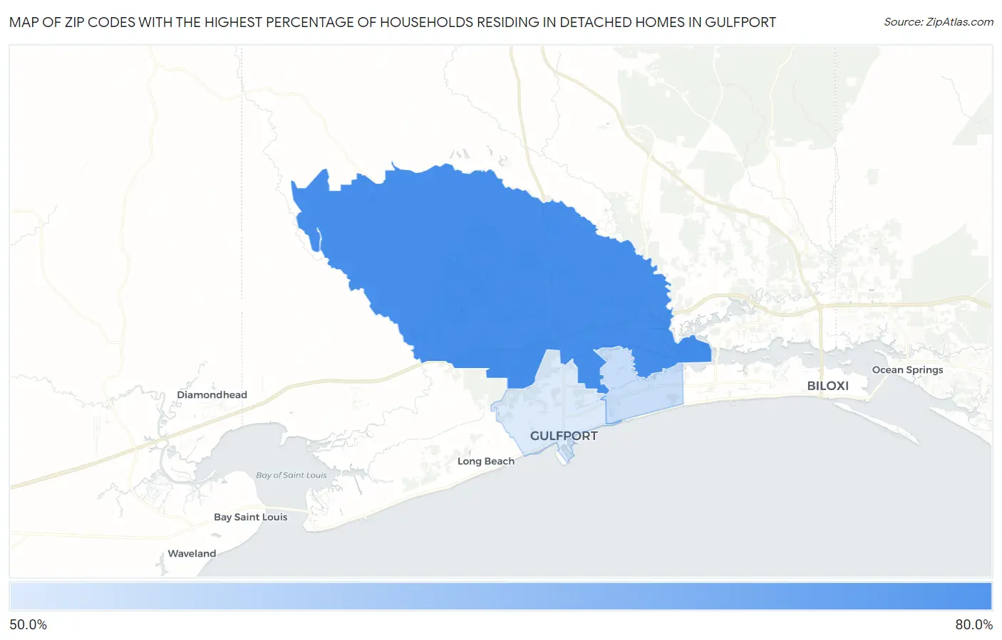 Zip Codes with the Highest Percentage of Households Residing in Detached Homes in Gulfport Map