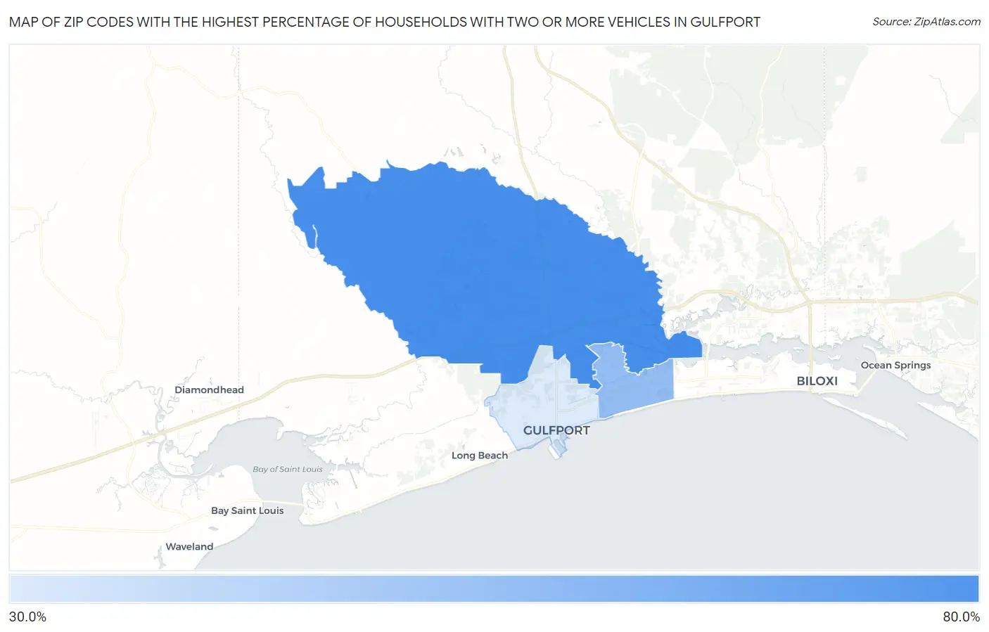 Zip Codes with the Highest Percentage of Households With Two or more Vehicles in Gulfport Map