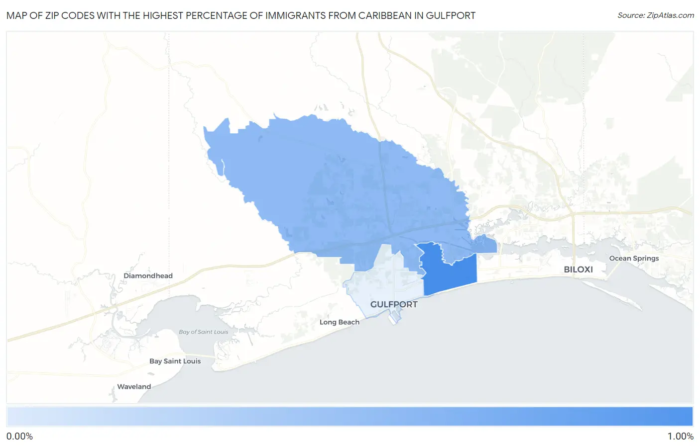Zip Codes with the Highest Percentage of Immigrants from Caribbean in Gulfport Map