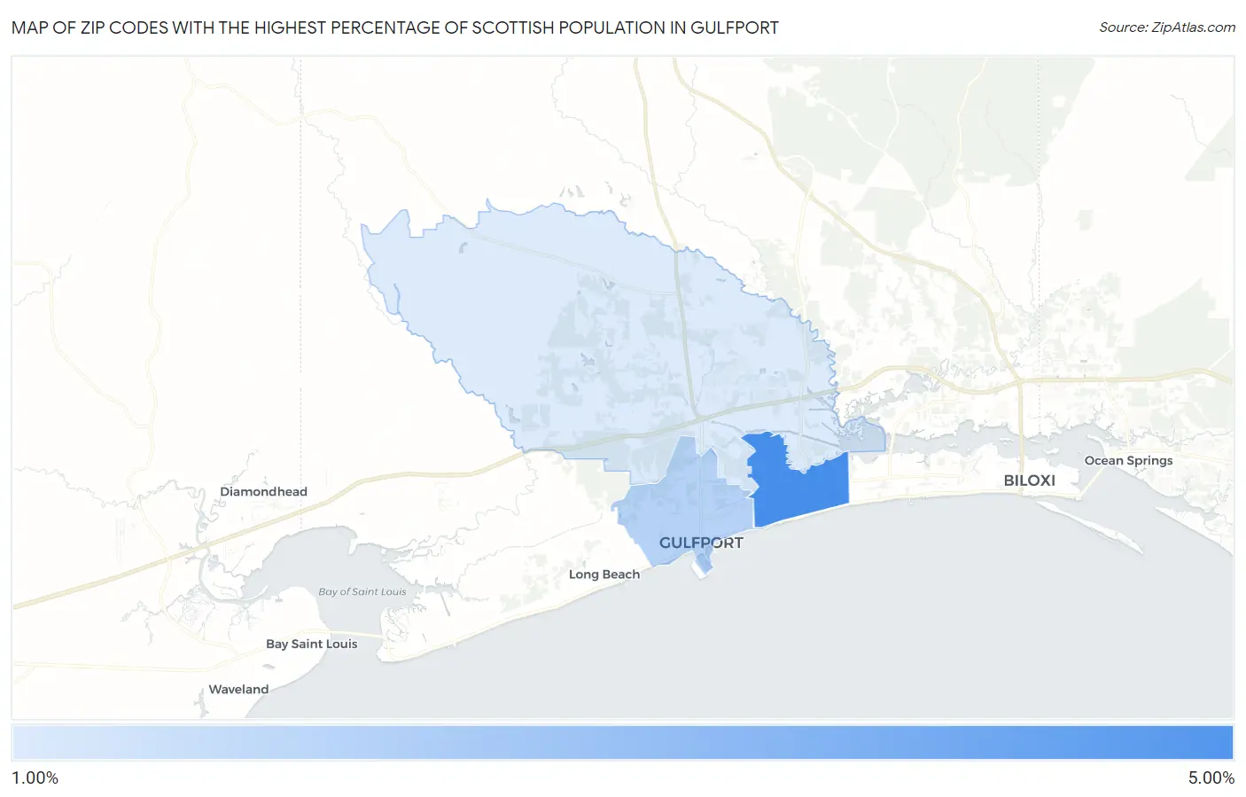 Zip Codes with the Highest Percentage of Scottish Population in Gulfport Map