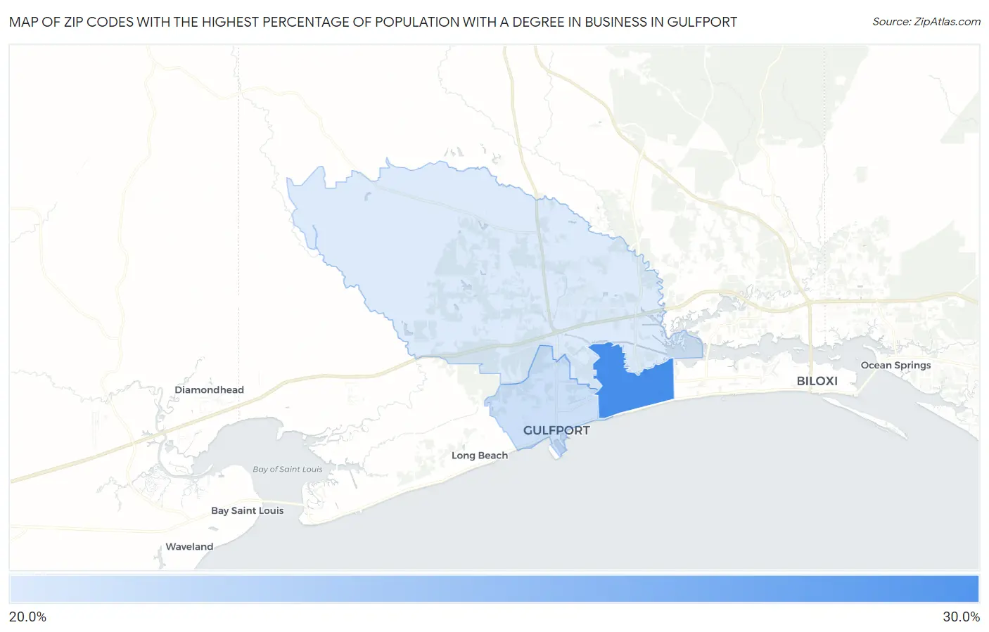 Zip Codes with the Highest Percentage of Population with a Degree in Business in Gulfport Map