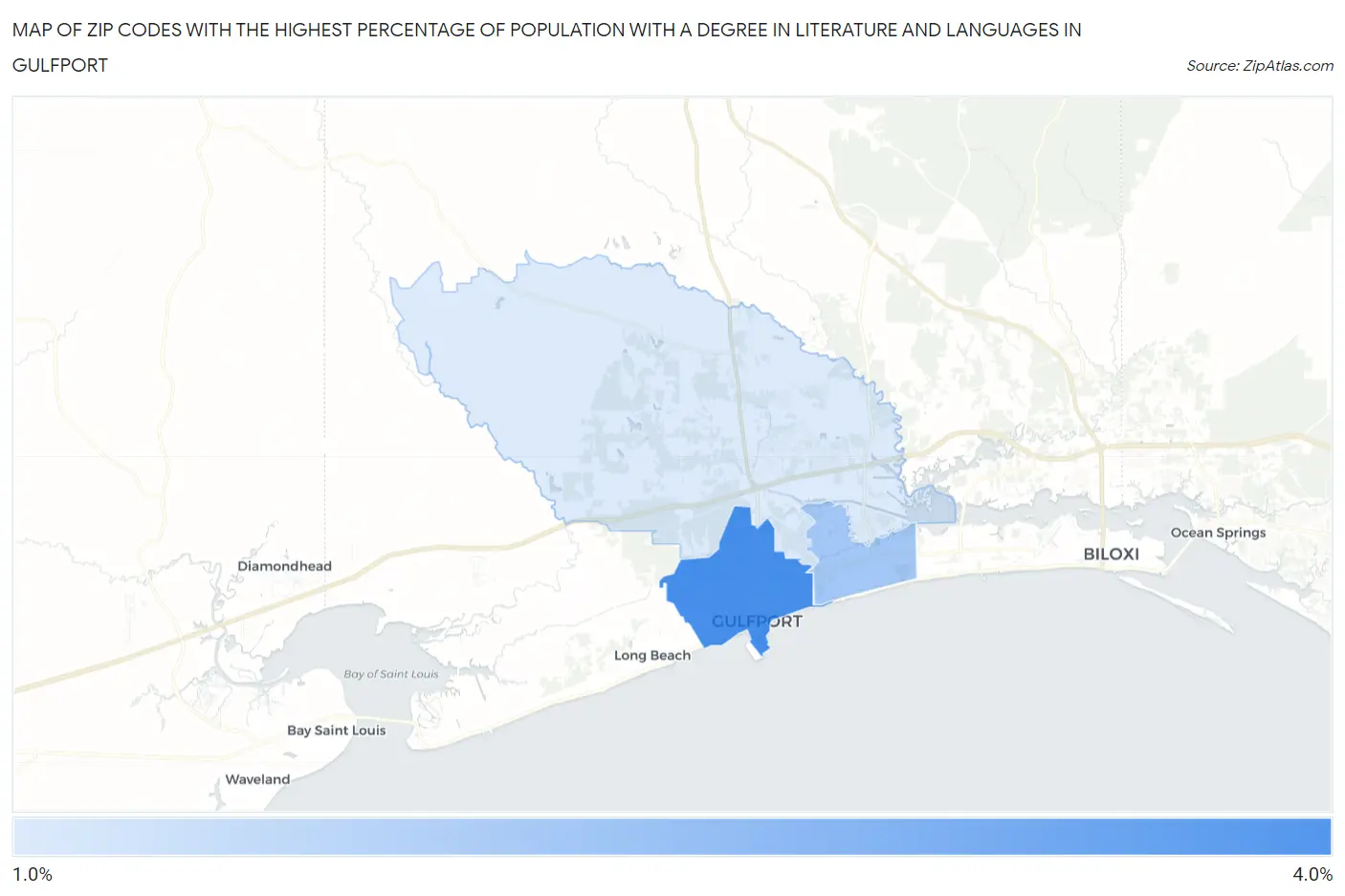 Zip Codes with the Highest Percentage of Population with a Degree in Literature and Languages in Gulfport Map
