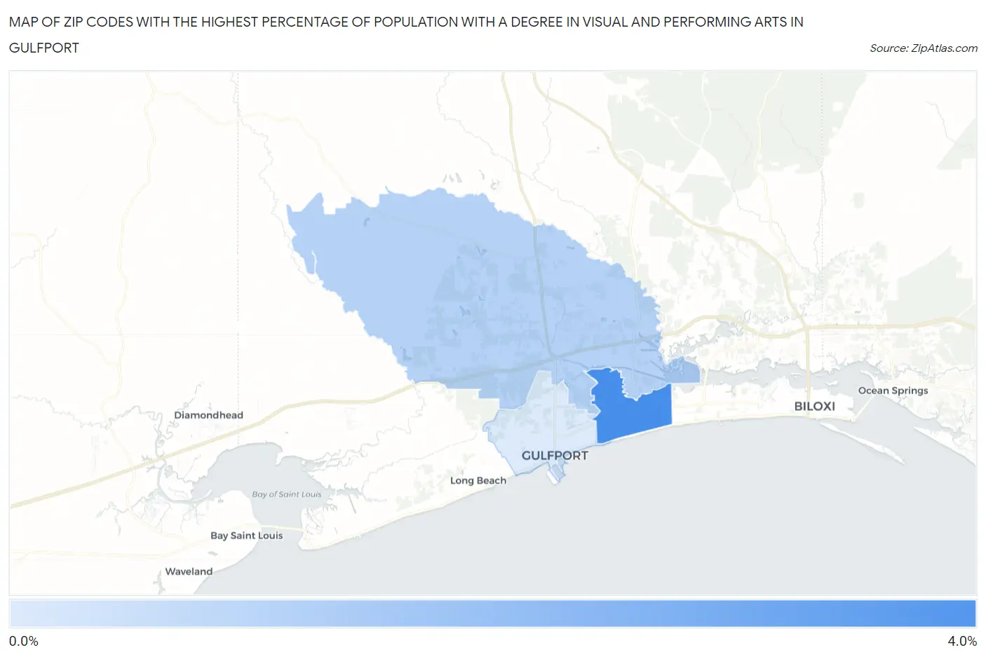 Zip Codes with the Highest Percentage of Population with a Degree in Visual and Performing Arts in Gulfport Map