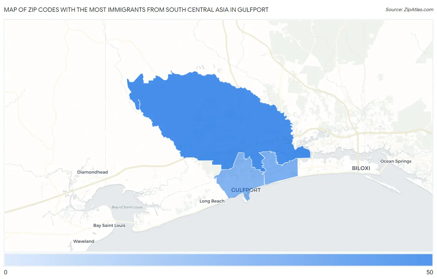 Zip Codes with the Most Immigrants from South Central Asia in Gulfport Map