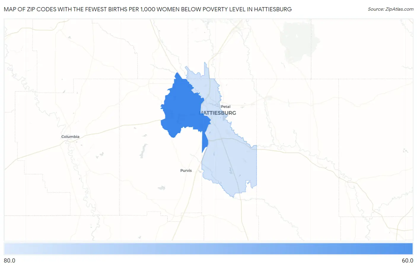 Zip Codes with the Fewest Births per 1,000 Women Below Poverty Level in Hattiesburg Map