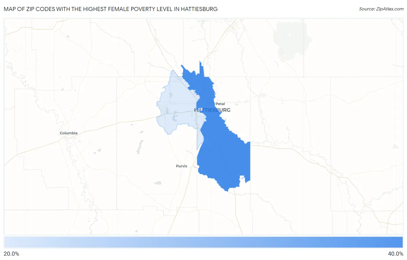 Zip Codes with the Highest Female Poverty Level in Hattiesburg Map