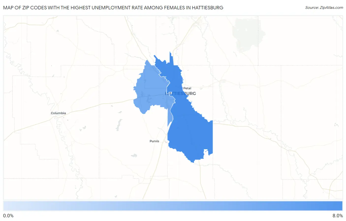 Zip Codes with the Highest Unemployment Rate Among Females in Hattiesburg Map