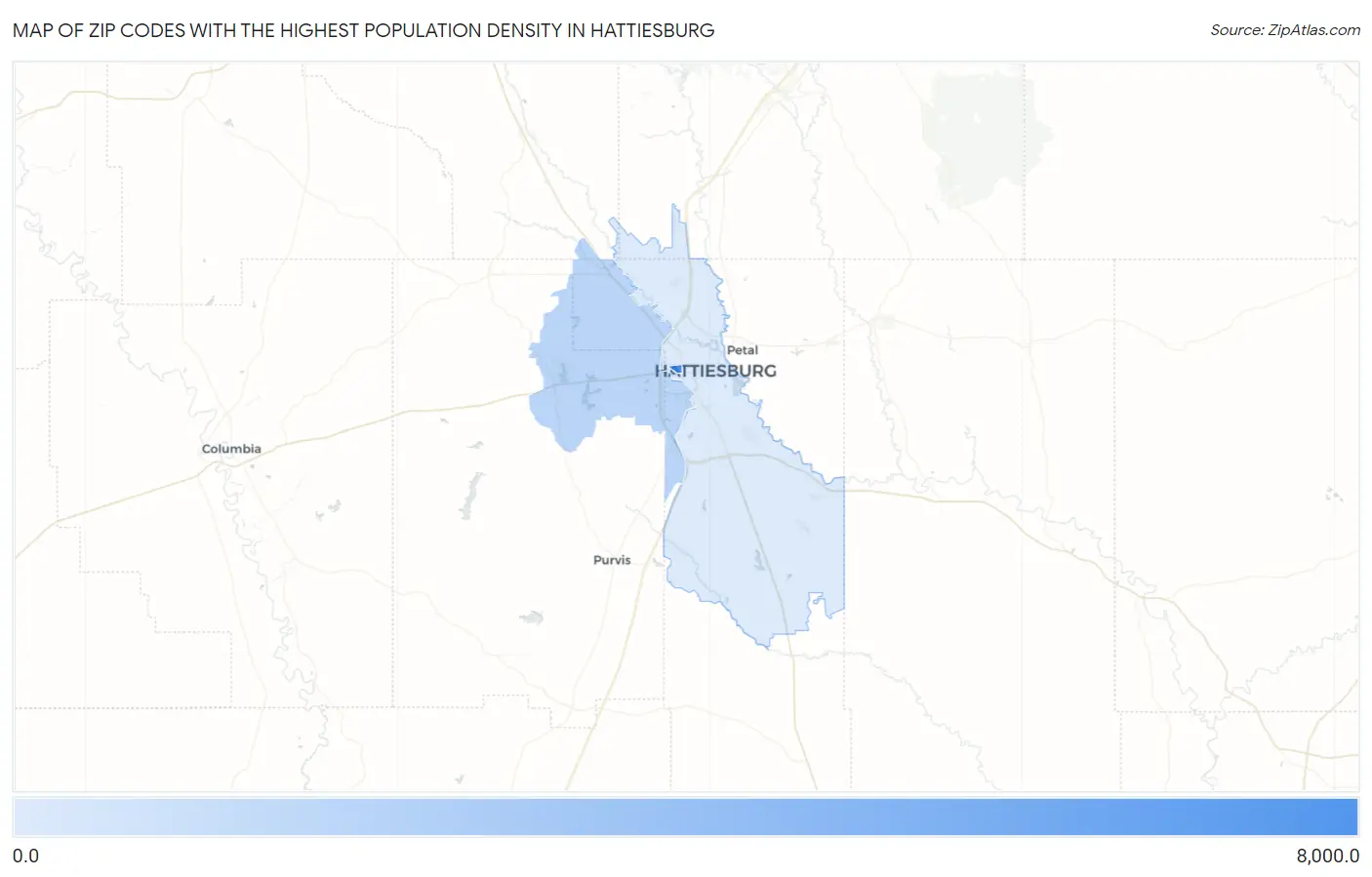 Zip Codes with the Highest Population Density in Hattiesburg Map