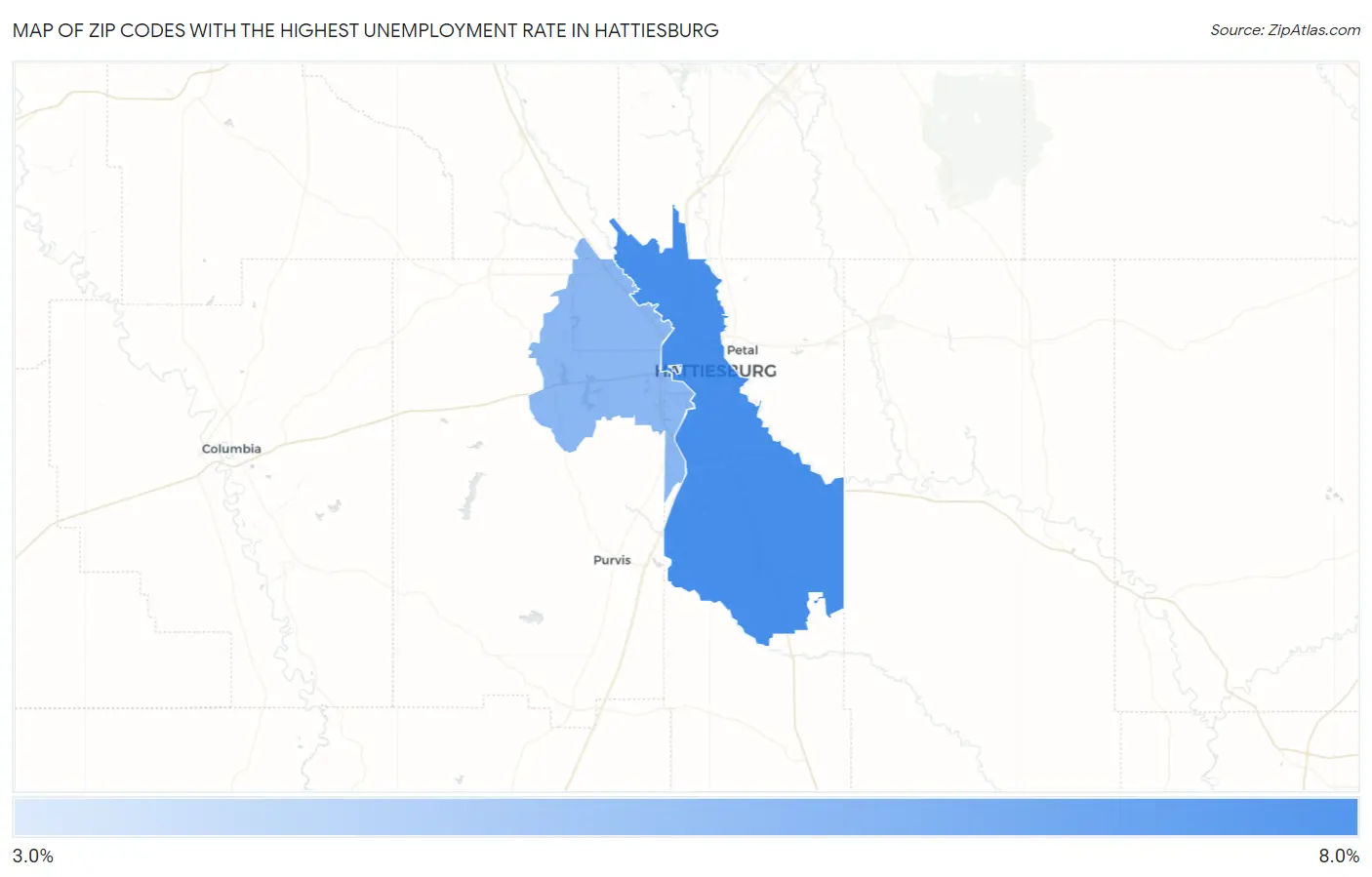 Zip Codes with the Highest Unemployment Rate in Hattiesburg Map