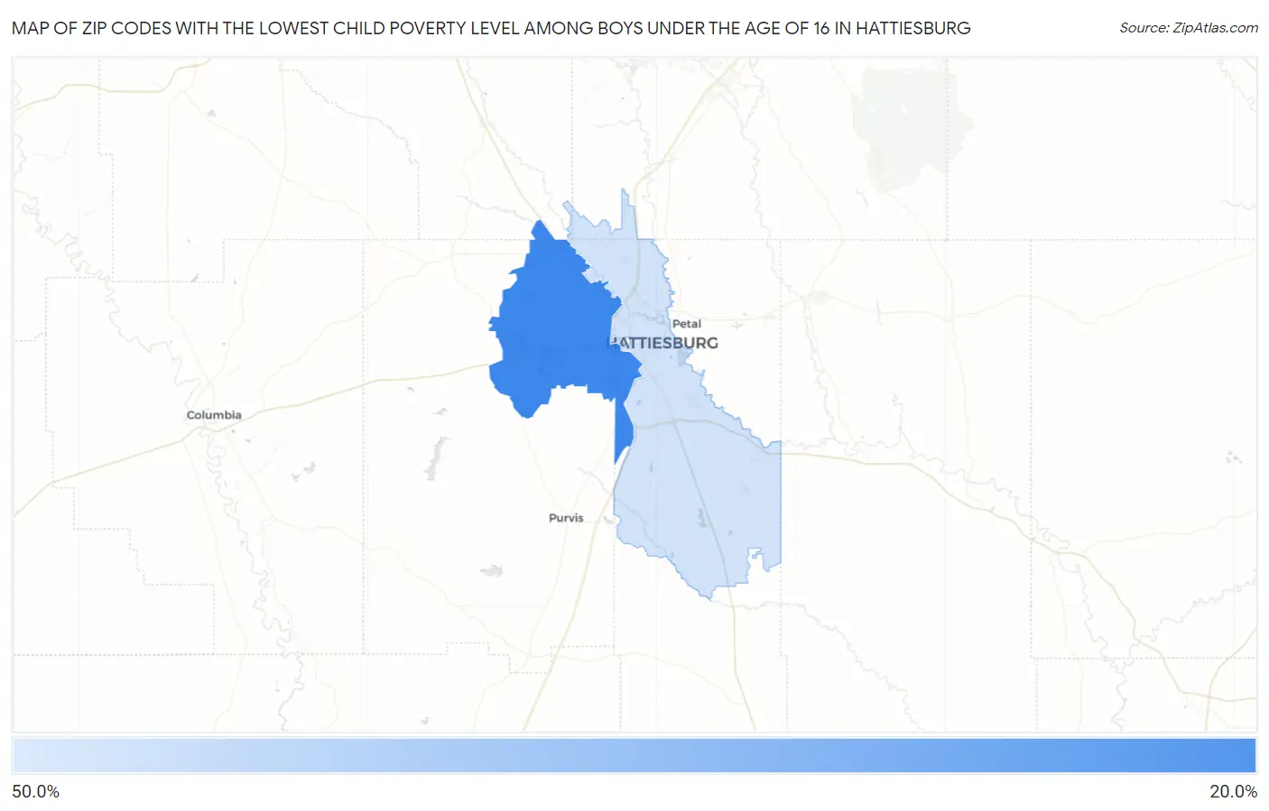 Zip Codes with the Lowest Child Poverty Level Among Boys Under the Age of 16 in Hattiesburg Map