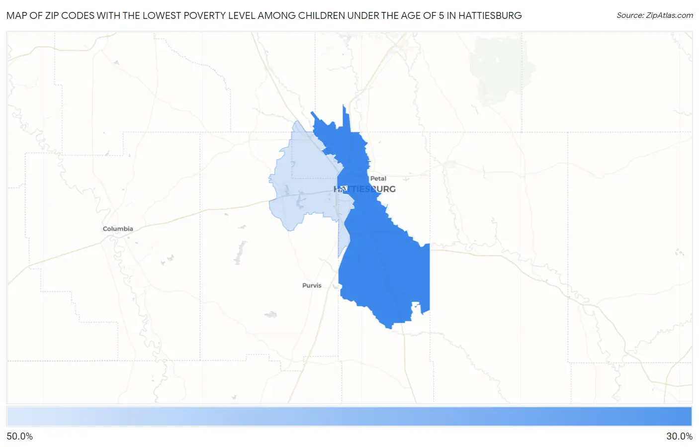 Zip Codes with the Lowest Poverty Level Among Children Under the Age of 5 in Hattiesburg Map