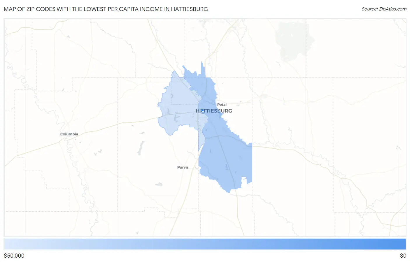 Zip Codes with the Lowest Per Capita Income in Hattiesburg Map