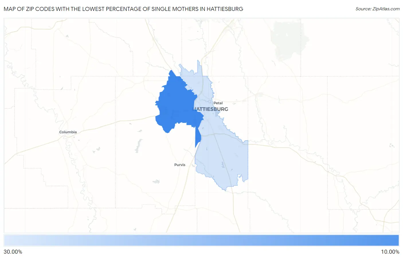 Zip Codes with the Lowest Percentage of Single Mothers in Hattiesburg Map