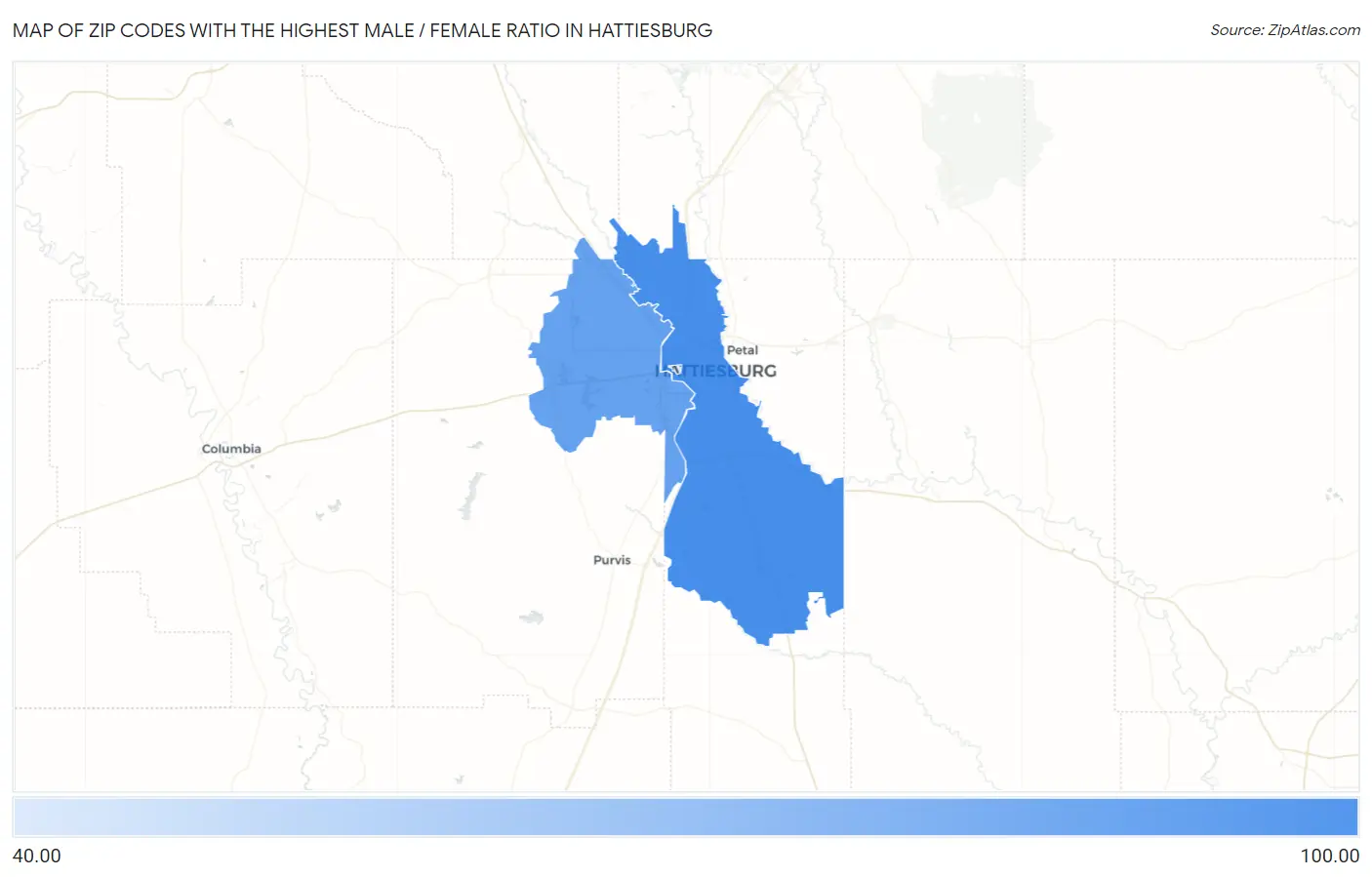 Zip Codes with the Highest Male / Female Ratio in Hattiesburg Map