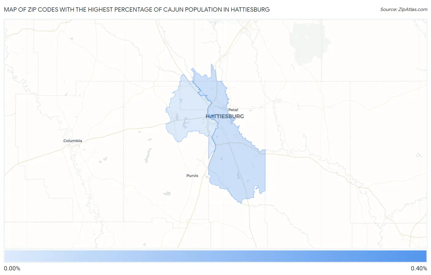 Zip Codes with the Highest Percentage of Cajun Population in Hattiesburg Map
