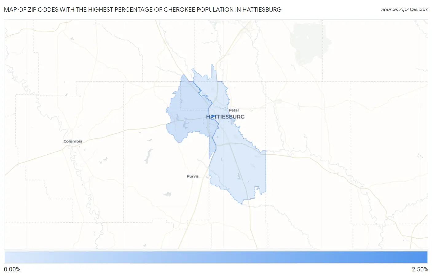 Zip Codes with the Highest Percentage of Cherokee Population in Hattiesburg Map