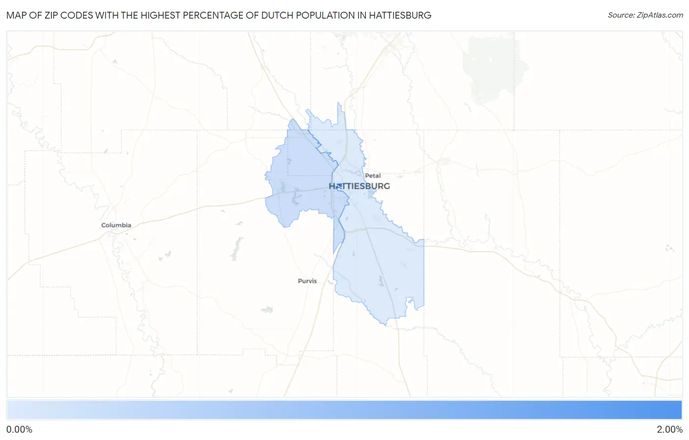 Zip Codes with the Highest Percentage of Dutch Population in Hattiesburg Map