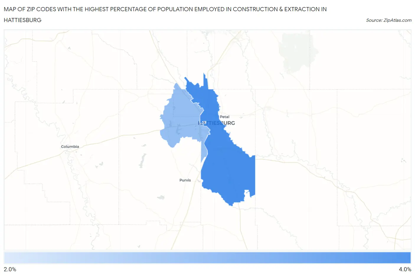 Zip Codes with the Highest Percentage of Population Employed in Construction & Extraction in Hattiesburg Map