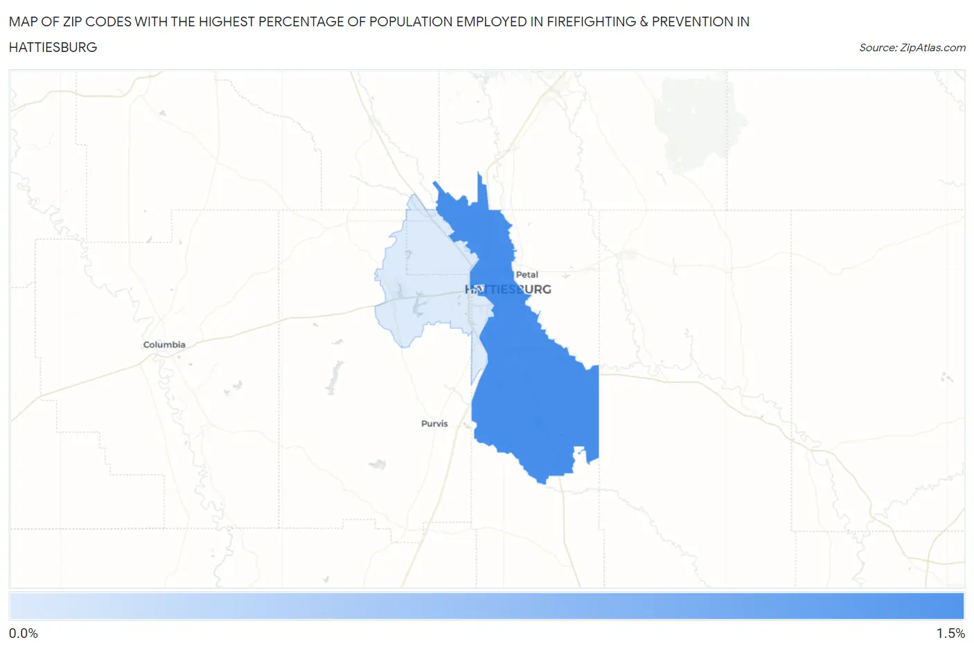 Zip Codes with the Highest Percentage of Population Employed in Firefighting & Prevention in Hattiesburg Map