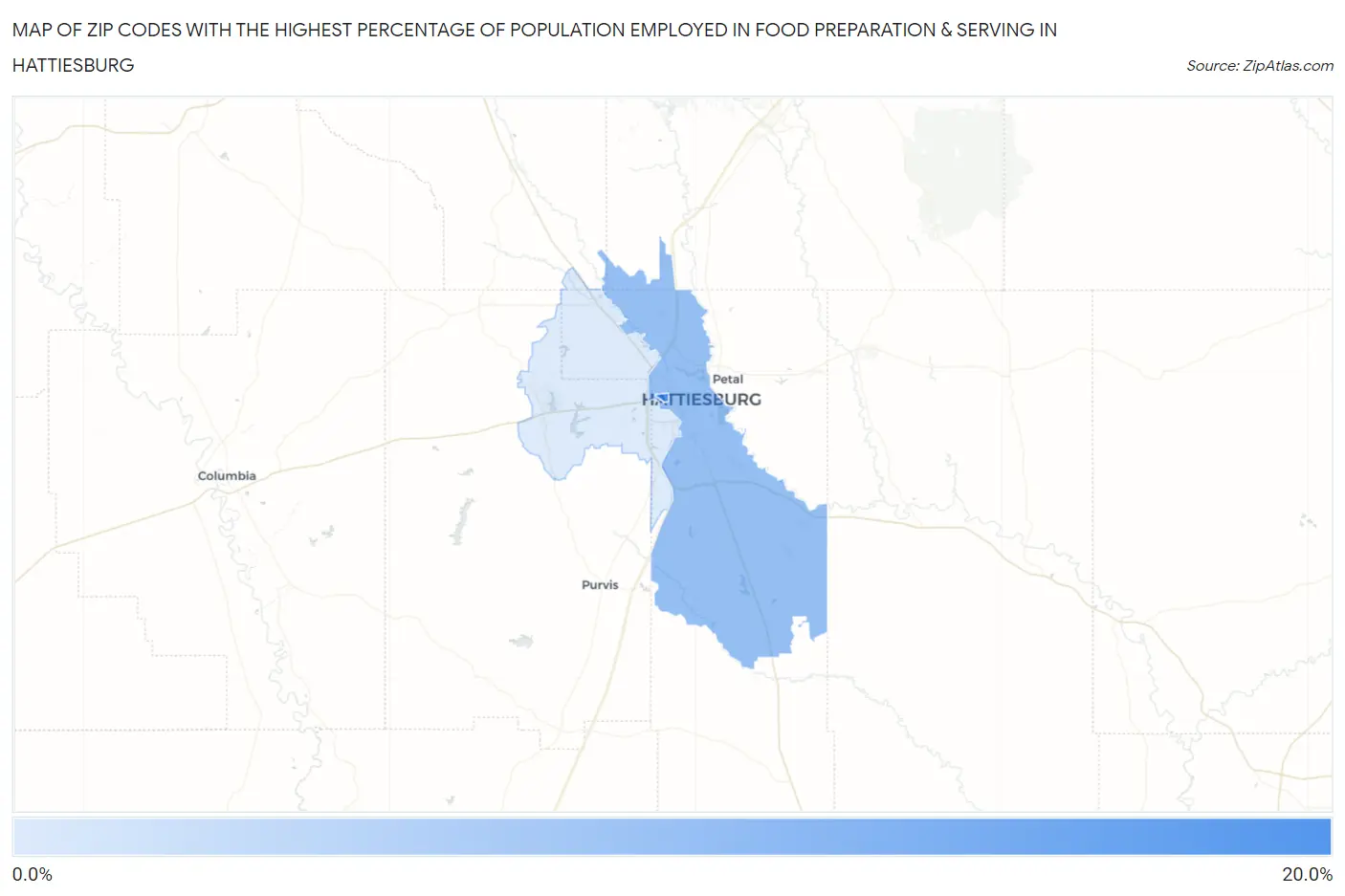 Zip Codes with the Highest Percentage of Population Employed in Food Preparation & Serving in Hattiesburg Map