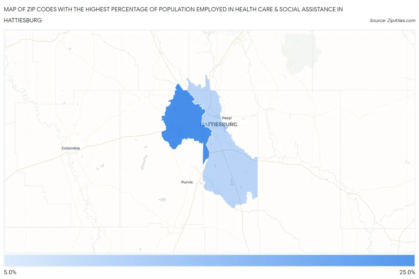 Zip Codes with the Highest Percentage of Population Employed in Health Care & Social Assistance in Hattiesburg Map