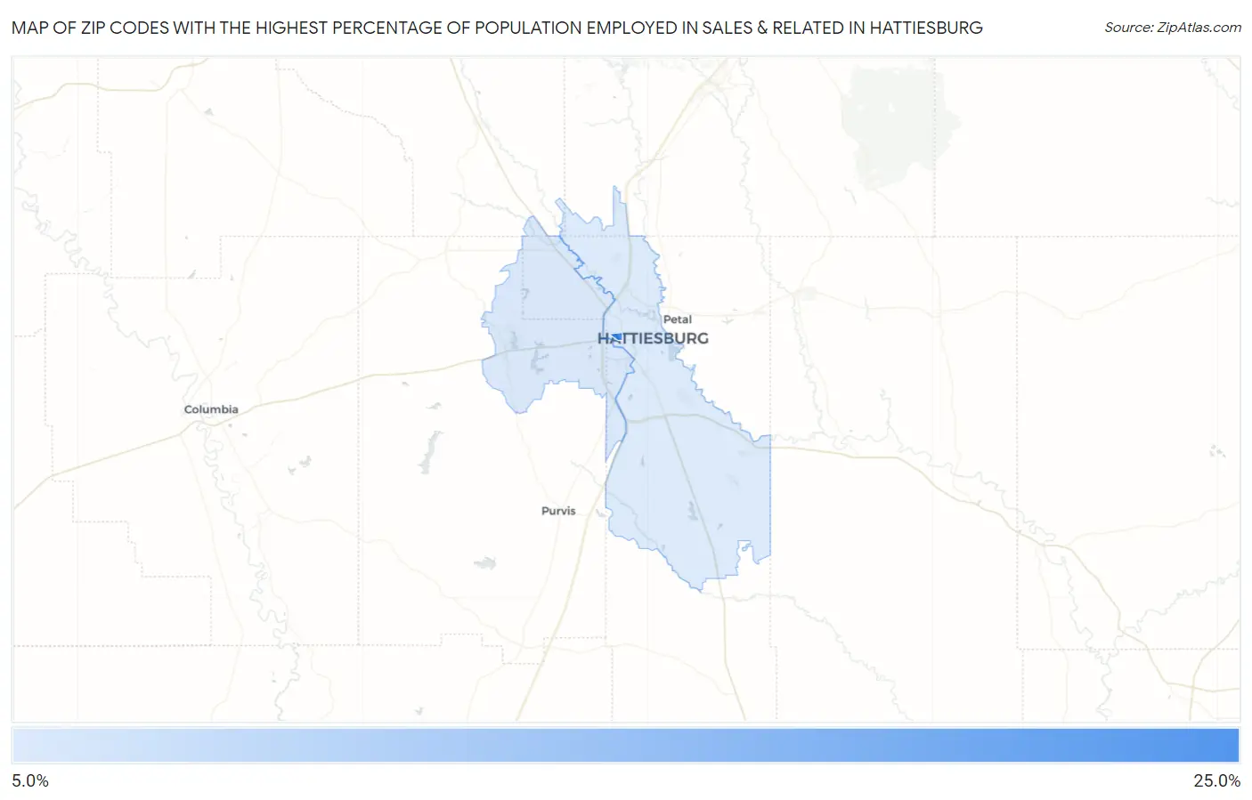 Zip Codes with the Highest Percentage of Population Employed in Sales & Related in Hattiesburg Map