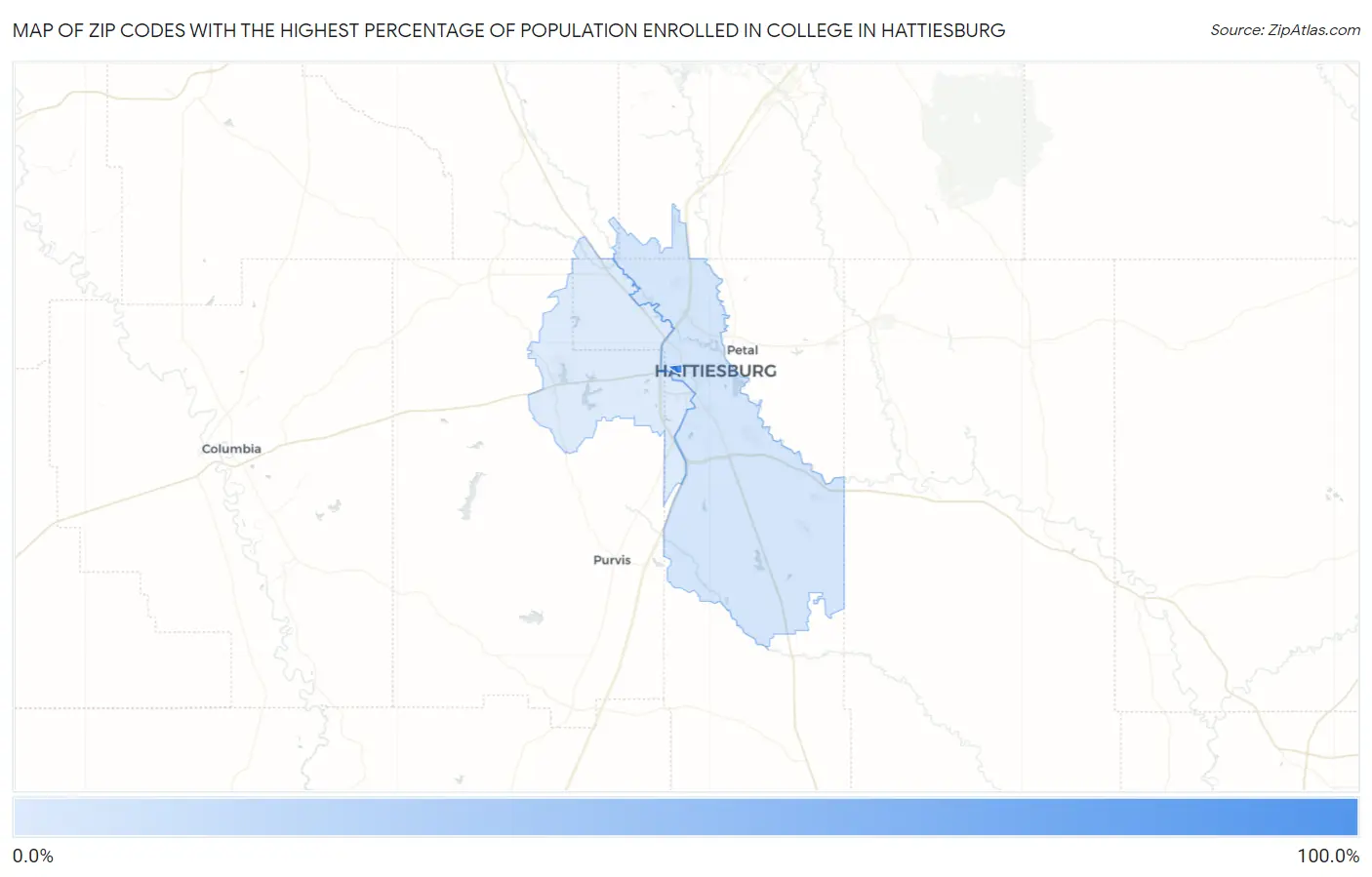 Zip Codes with the Highest Percentage of Population Enrolled in College in Hattiesburg Map
