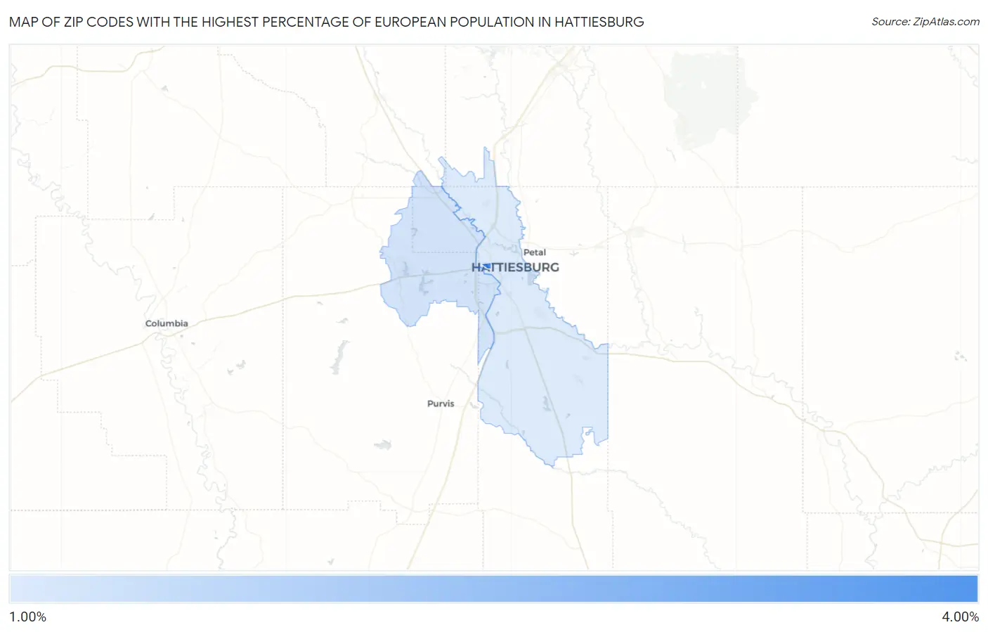 Zip Codes with the Highest Percentage of European Population in Hattiesburg Map