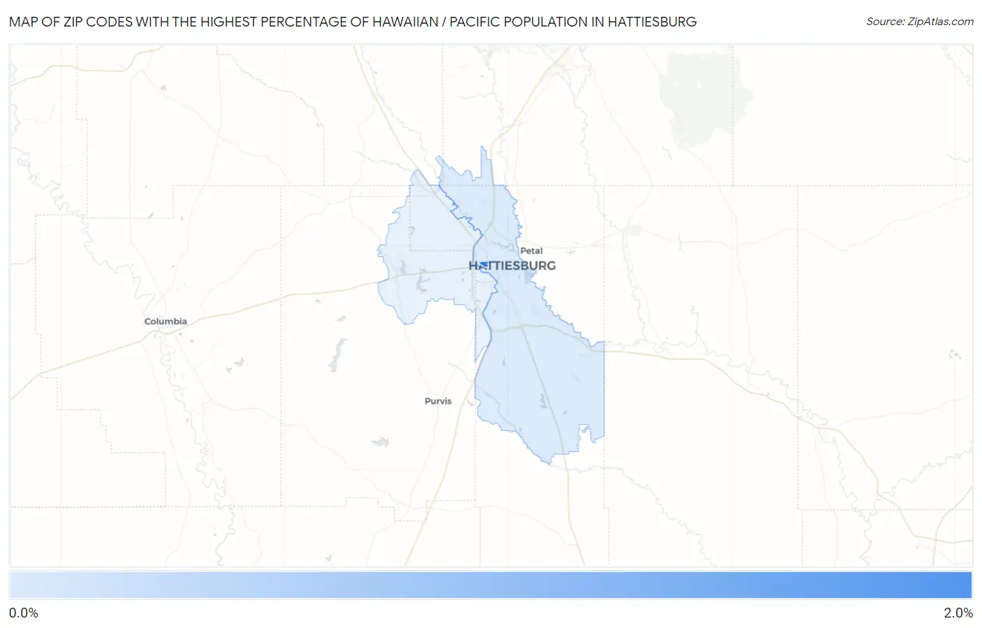 Zip Codes with the Highest Percentage of Hawaiian / Pacific Population in Hattiesburg Map