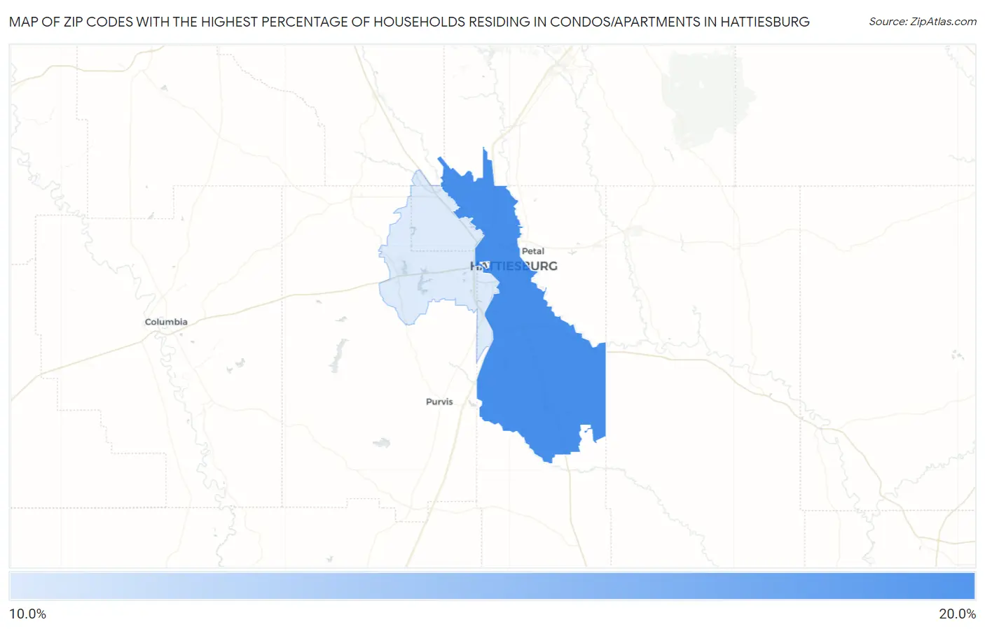 Zip Codes with the Highest Percentage of Households Residing in Condos/Apartments in Hattiesburg Map