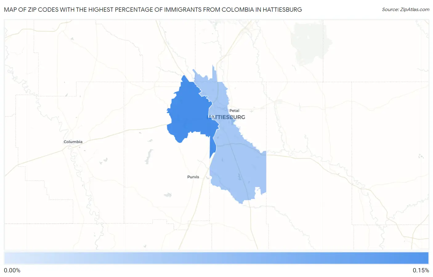 Zip Codes with the Highest Percentage of Immigrants from Colombia in Hattiesburg Map