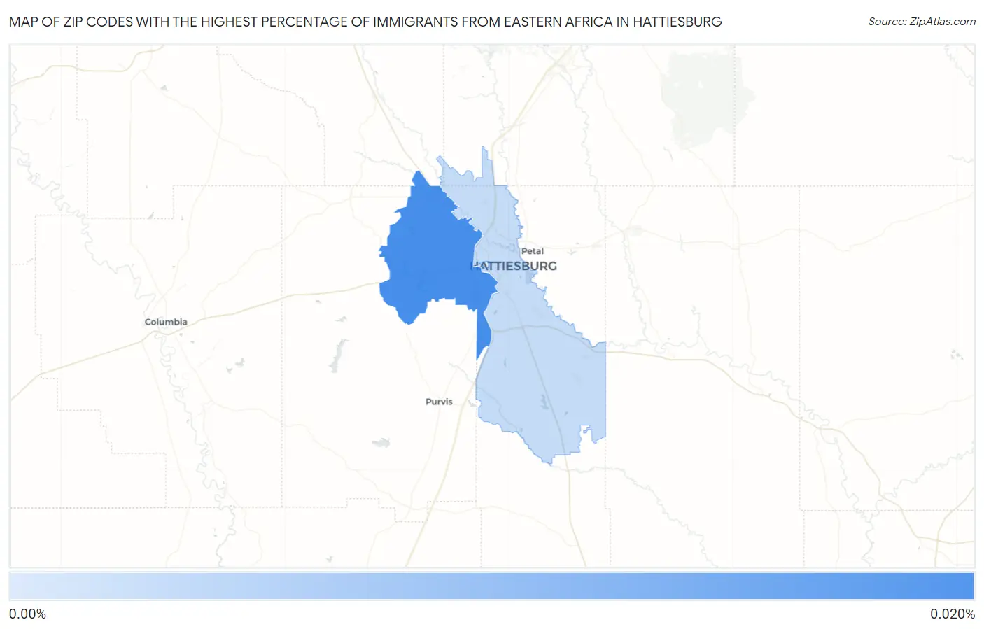 Zip Codes with the Highest Percentage of Immigrants from Eastern Africa in Hattiesburg Map