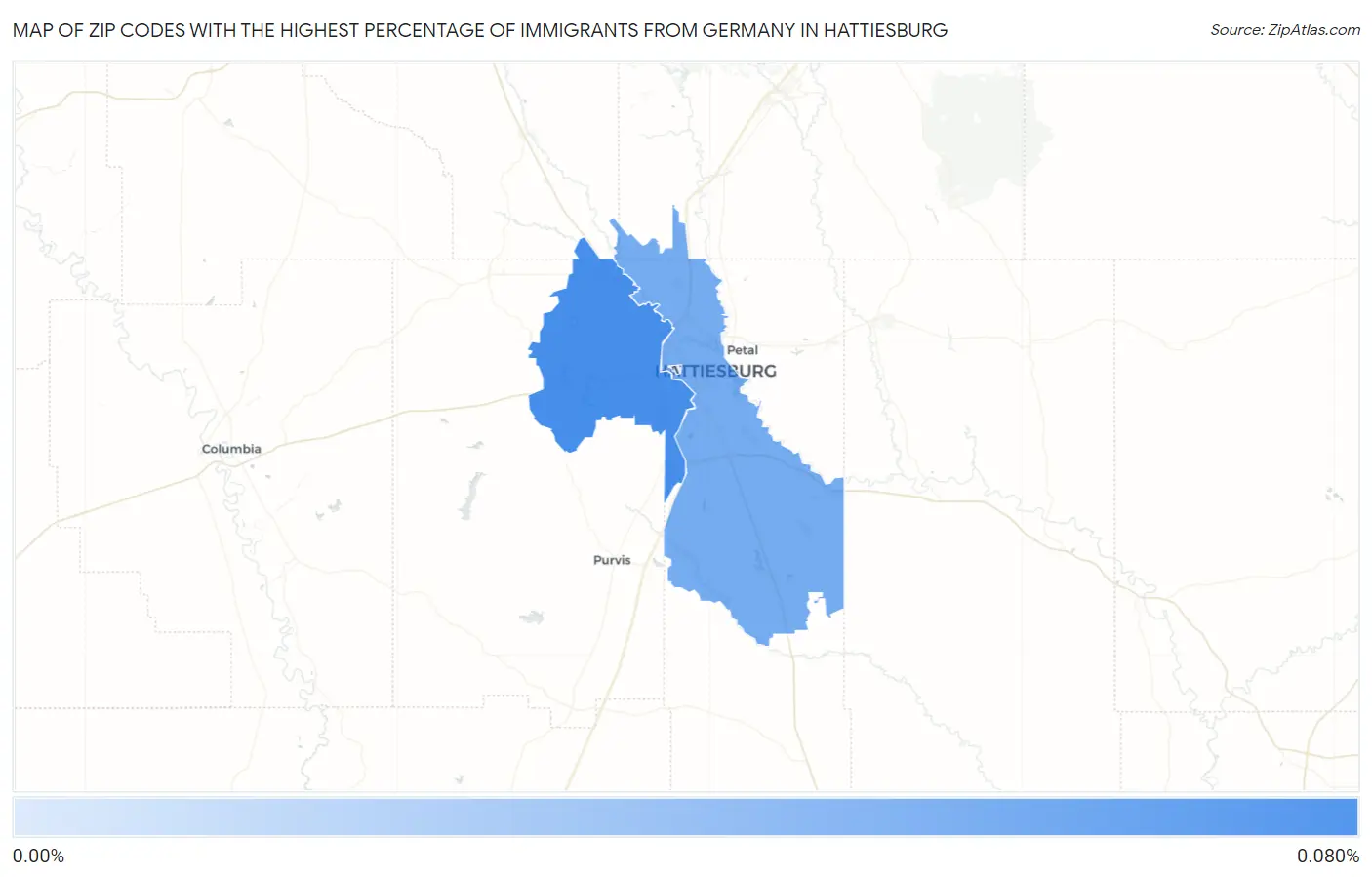 Zip Codes with the Highest Percentage of Immigrants from Germany in Hattiesburg Map