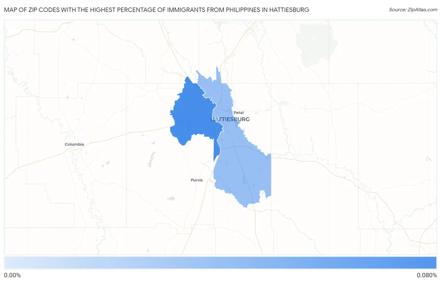 Zip Codes with the Highest Percentage of Immigrants from Philippines in Hattiesburg Map