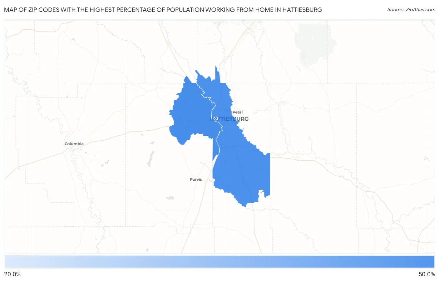 Zip Codes with the Highest Percentage of Population Working from Home in Hattiesburg Map