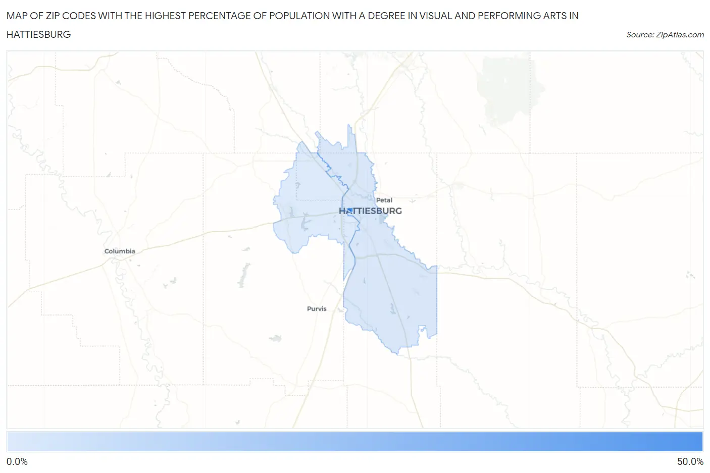 Zip Codes with the Highest Percentage of Population with a Degree in Visual and Performing Arts in Hattiesburg Map