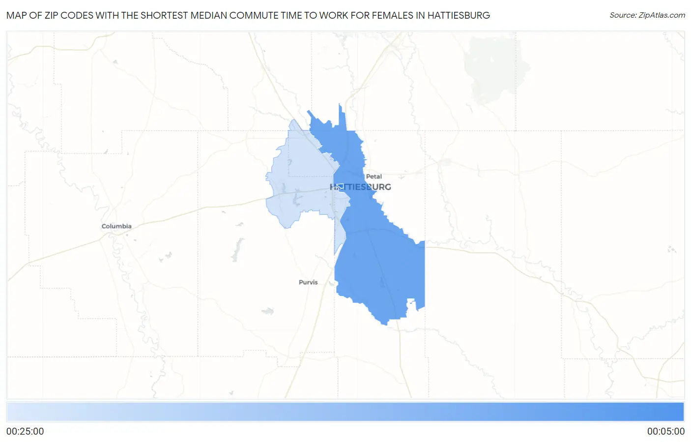 Zip Codes with the Shortest Median Commute Time to Work for Females in Hattiesburg Map
