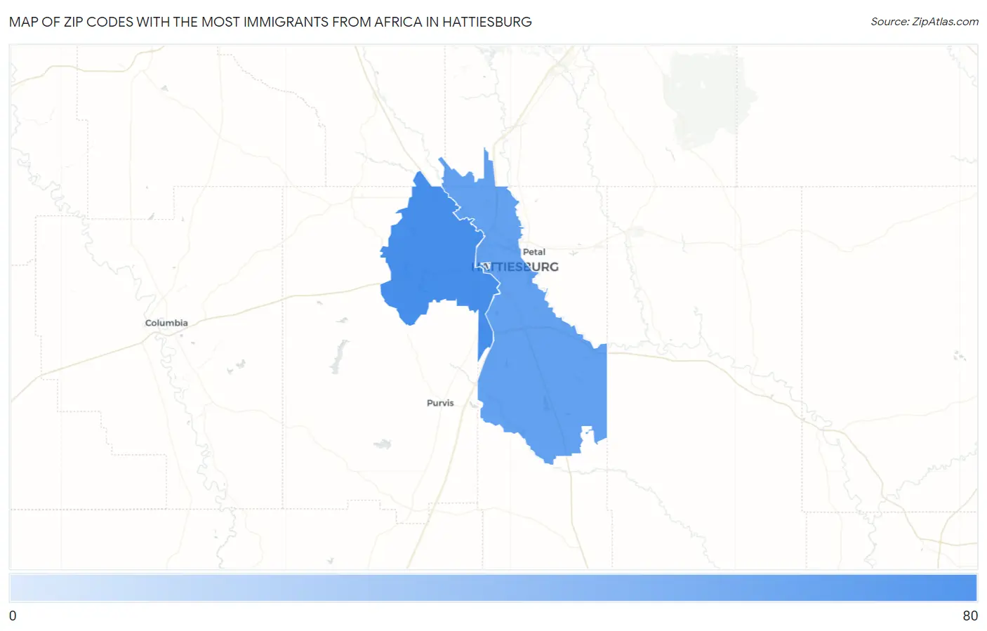 Zip Codes with the Most Immigrants from Africa in Hattiesburg Map