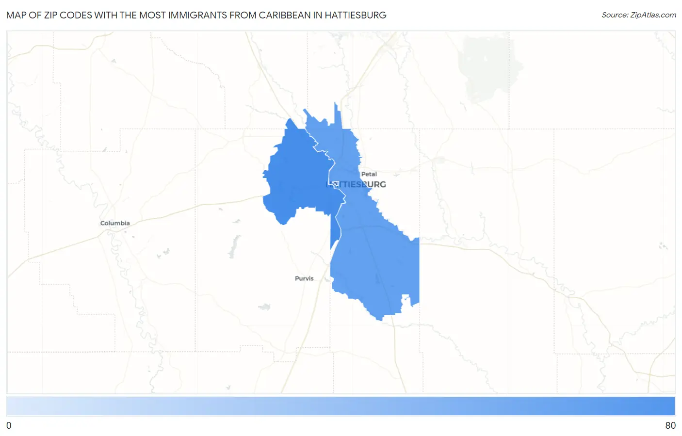 Zip Codes with the Most Immigrants from Caribbean in Hattiesburg Map