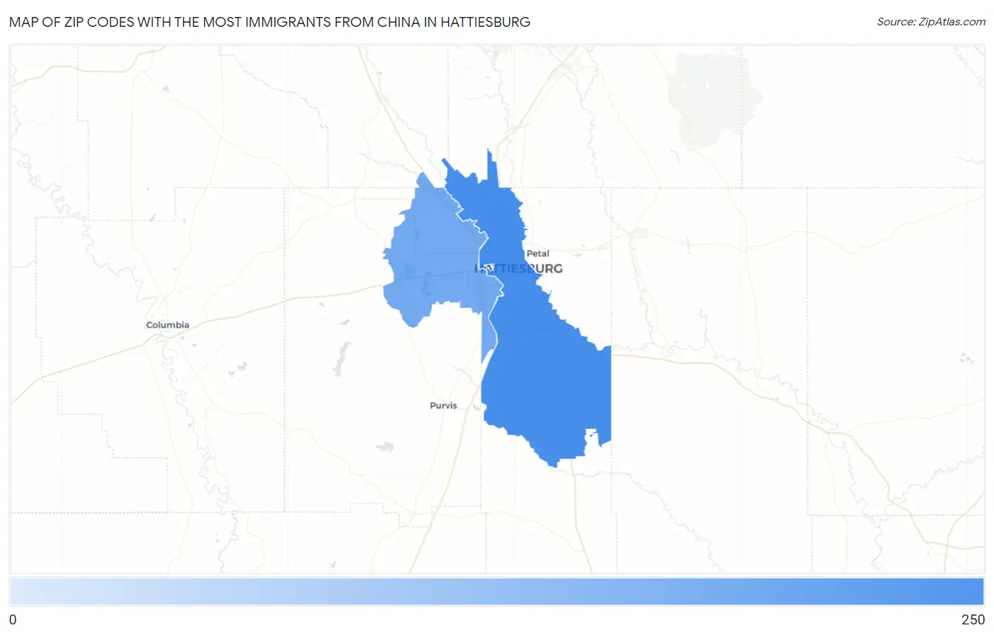 Zip Codes with the Most Immigrants from China in Hattiesburg Map
