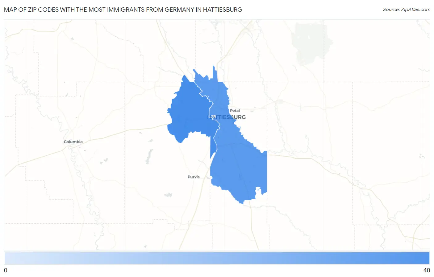Zip Codes with the Most Immigrants from Germany in Hattiesburg Map