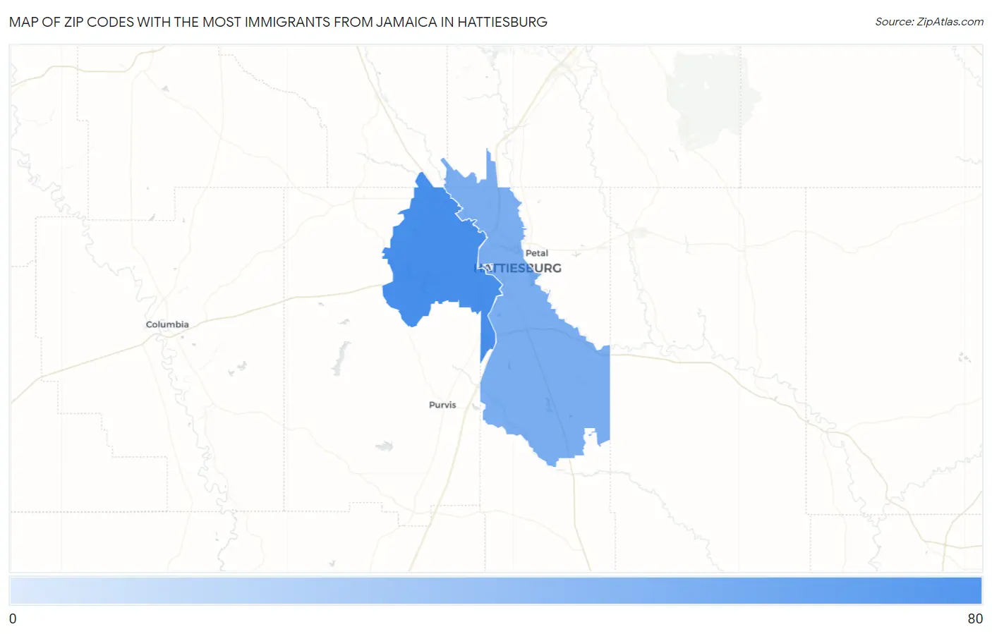 Zip Codes with the Most Immigrants from Jamaica in Hattiesburg Map
