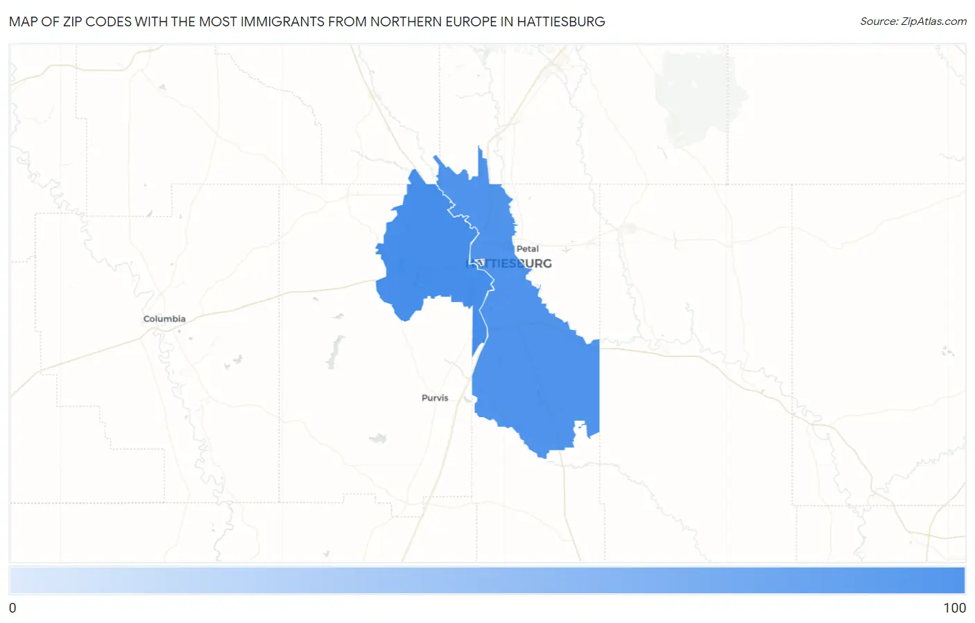 Zip Codes with the Most Immigrants from Northern Europe in Hattiesburg Map