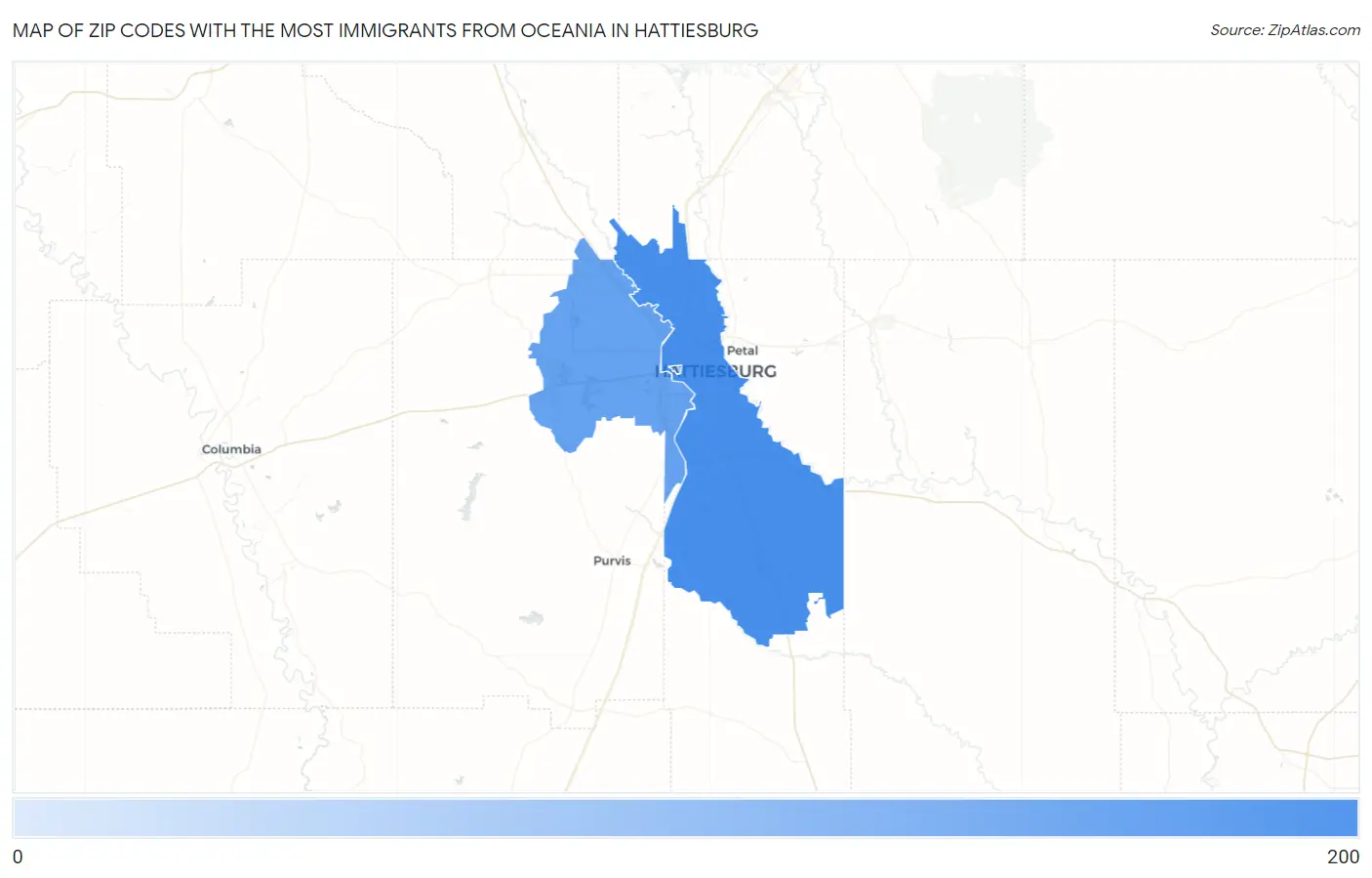 Zip Codes with the Most Immigrants from Oceania in Hattiesburg Map