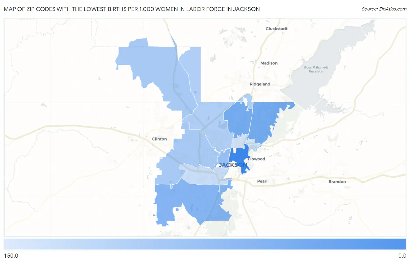 Zip Codes with the Lowest Births per 1,000 Women in Labor Force in Jackson Map